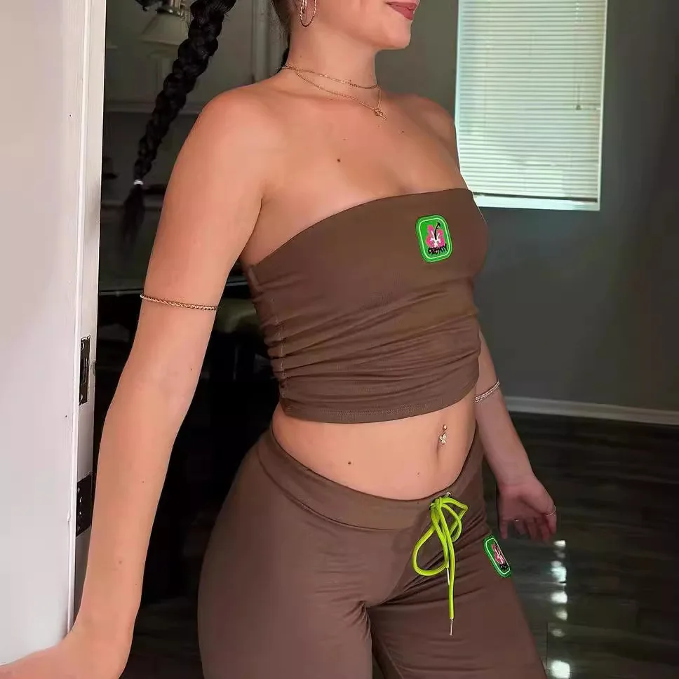 ヨーロッパとアメリカの新しいスーツ INS ファッション刺繍フラワーチューブトップハイウエストカジュアルパンツ 2 点セット