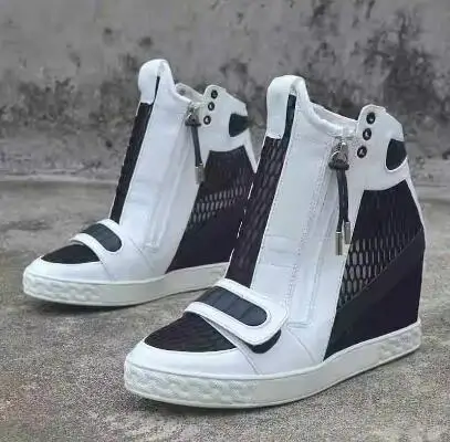 

Girls Black White Patchwork Genuine Leather Air Mesh Double Zipper Round Toe 8 CM Height Increasing Wedges Ankle Boots Sneakers