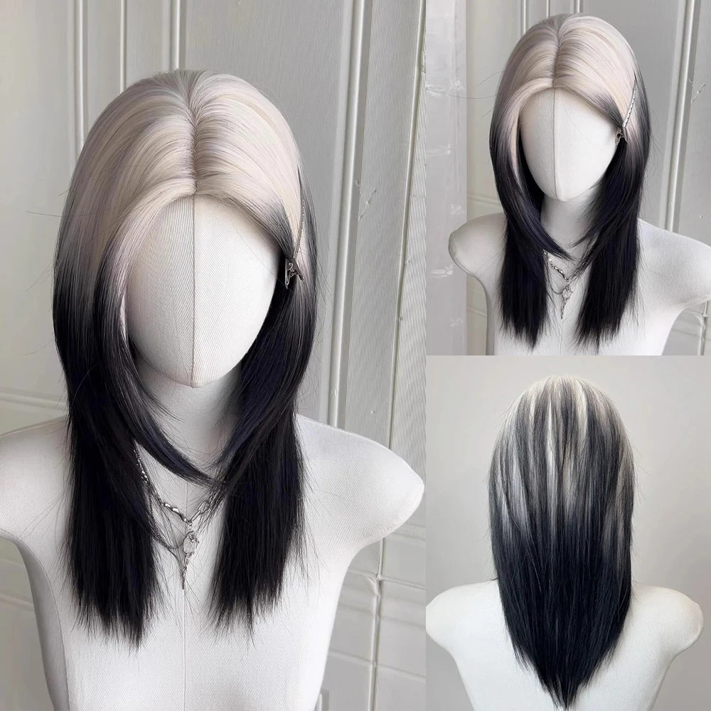 

Mullet Head Long Straight Ombre White Black Wig Wolf Tailed Synthetic Heat Resistant Wig Middle Part for Daily Party