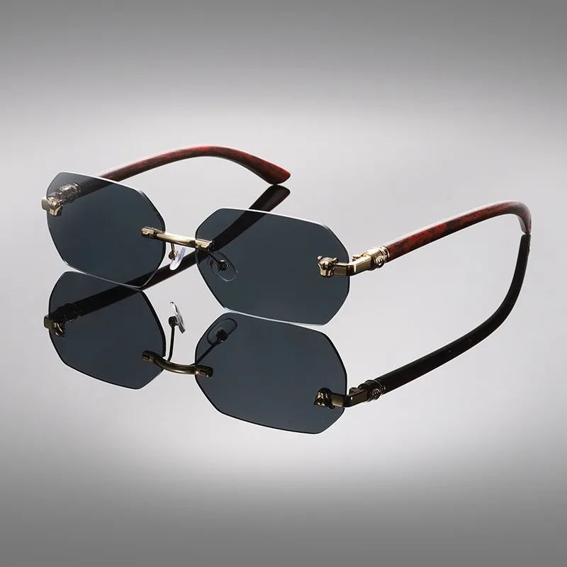 

Frameless Polygonal Sunglasses With Cut Edges Women's High-End Retro Glasses Men Wood Grain legs Leopard Head Sun Glasses