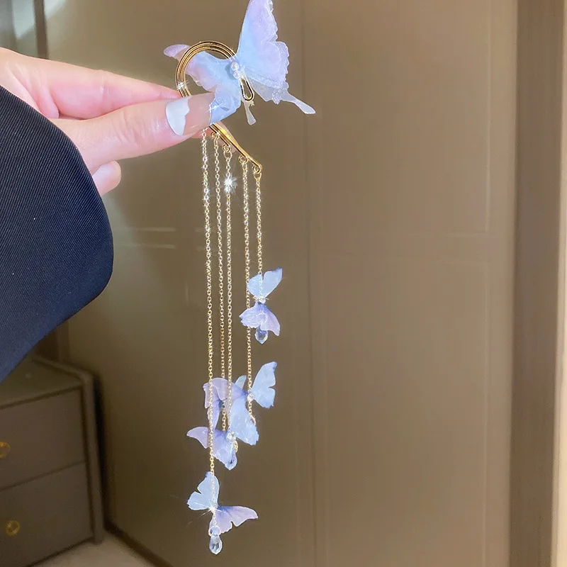 Elegant earless diamond-set fabric butterfly imitation crystal fringed ear hanging fashionable, temperament high-end earrings