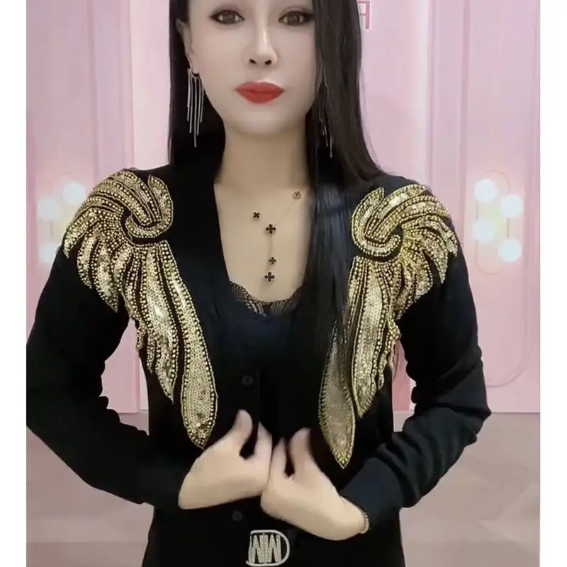 Women Fashion Spring Summer Autumn Coat Jacket 2026 New Heavy Industry Nail Beads Splicing Fake Two Long Sleeved Base Shirt Top