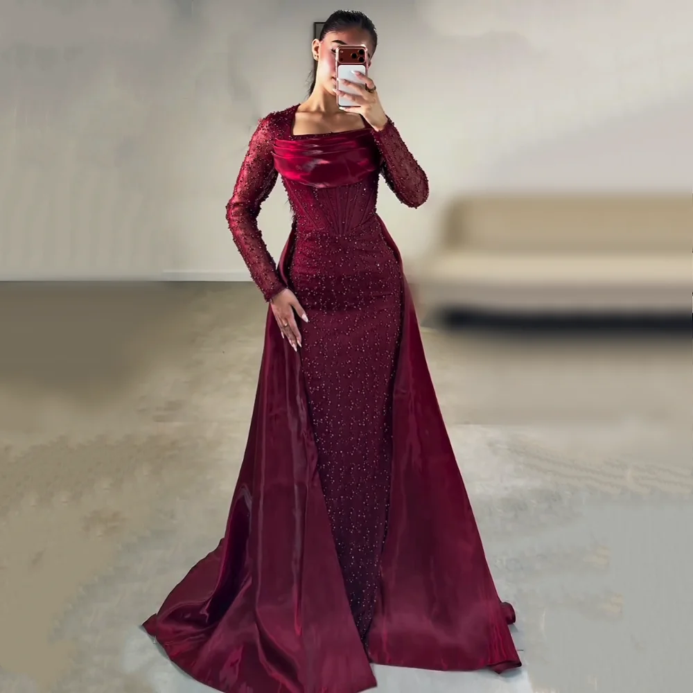 Maßgeschneidertes Luxuriöses Funkelndes Perlen-Abendkleid für Bankette Quadratischer Ausschnitt Lange Kleider Exquisites Hochzeitsparty-Kleid Hohe Qualität
