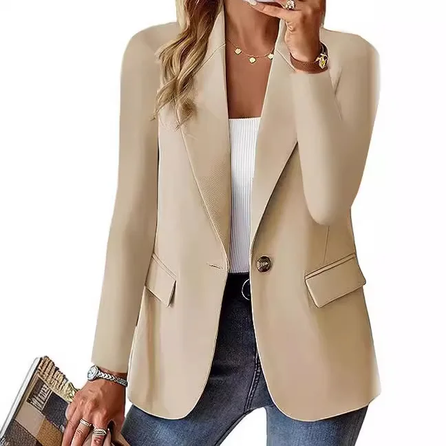 Blazer de manga comprida feminino, gola entalhada, jaqueta elegante, chique, senhora do escritório, moda casual, monocromático, novo, 2024