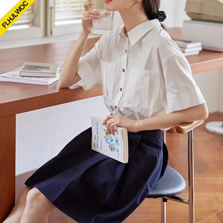 綿ブレンドトップスブラウス新デザイン女性かわいい甘い女の子ポケットカジュアルルーズソリッドピンクボタン白シャツ