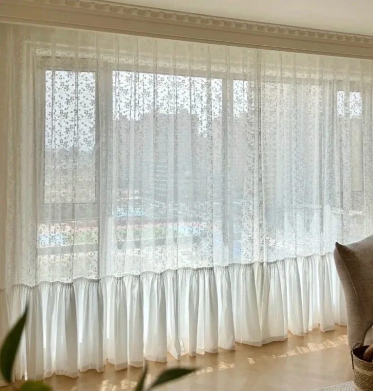 French Three-dimensional Embroidery Pear Flower Gauze Curtain for Living Room and Bedroom with Cream Wind for Living Dining Room