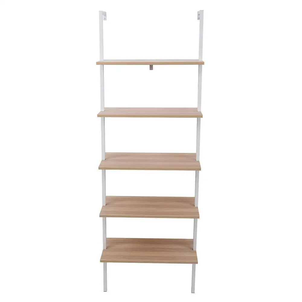 5-Tier Shelf Wood Ladder Bookcase with Metal Frame Storage Bookshelf Rack Home