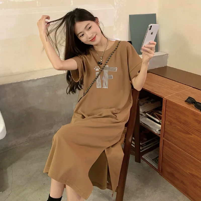 Women Korean Loose T-shirt Dress Grey Paw Letter Print Casual Short Sleeve Split Maxi Dress