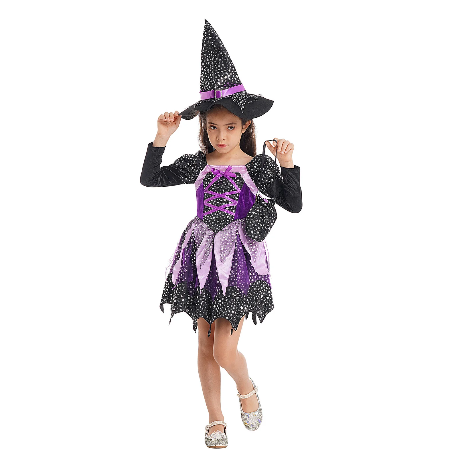 Girls Witch Sorceress Cosplay Costume Princess Dress with Candy Bag Pointed Hat for Halloween Masquerade Carnival Theme Party