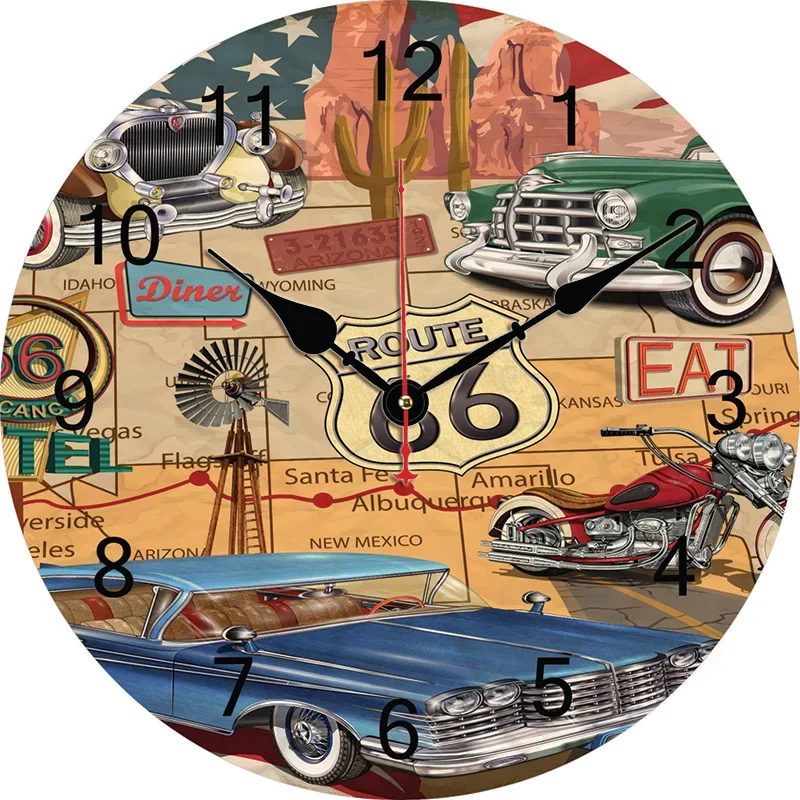 Retro Poster Car Cactus Wall Clock Round Silent Clocks Wall Carfts Art Decor For Home Bedroom Living Room Office Decoration