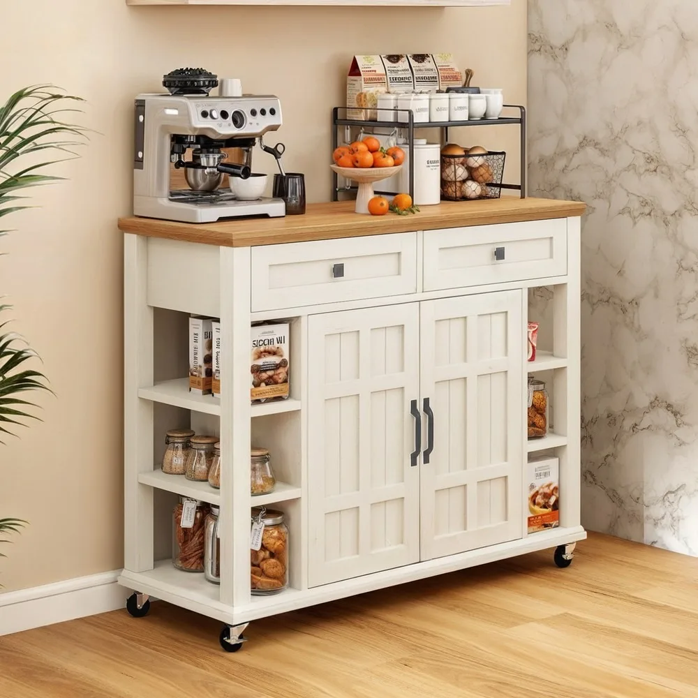Rolling Kitchen Island Cart Breakfast Trolley Island w/ Storage Cabinet & Drawer
