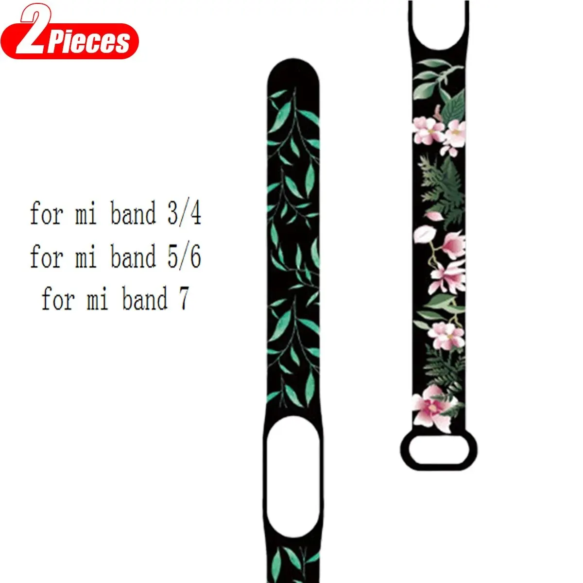 2PCS For Mi Band Strap Silicone Flowers Printing Pattern Blet For Mi Band 3 4 5 6 Watch Band Bracelet Sports Fitness Wrist