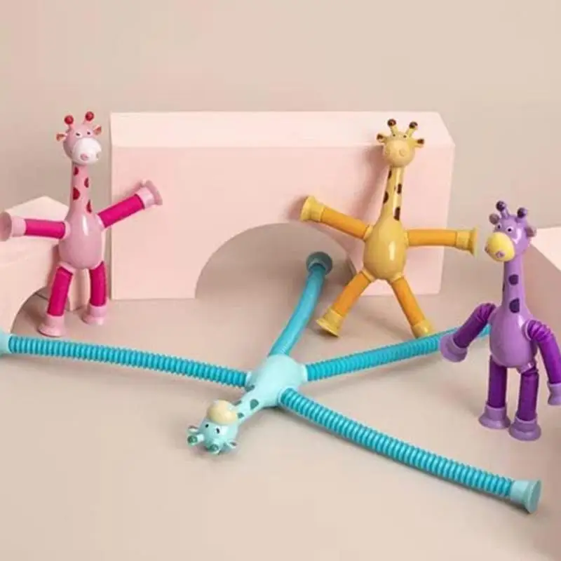 4pcs Children Suction Cup Toys Pop Tubes Stress Relief Telescopic Giraffe Fidget Toys Sensory Bellows Toys Anti-stress Toy