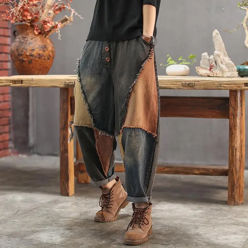 Spring Women's High Waist Retro Harem Pants Jeans 2023 New Casual Fashion Harajuku Cotton Trousers Patchwork Wide Leg Radish