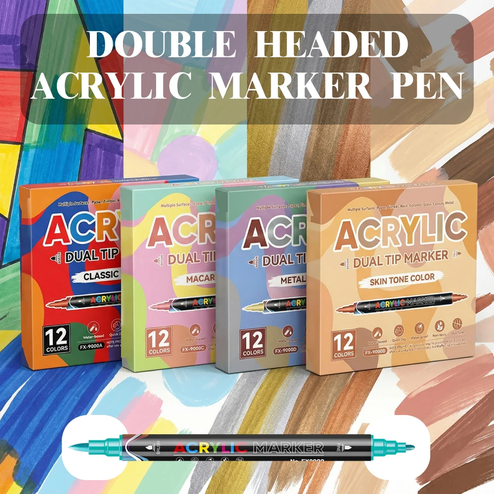 

12 Colors Double Headed Acrylic Markers Soft/Hard Pen Tip for Student For Drawing Painting DIY Wood Rock Coloring Art Supplies