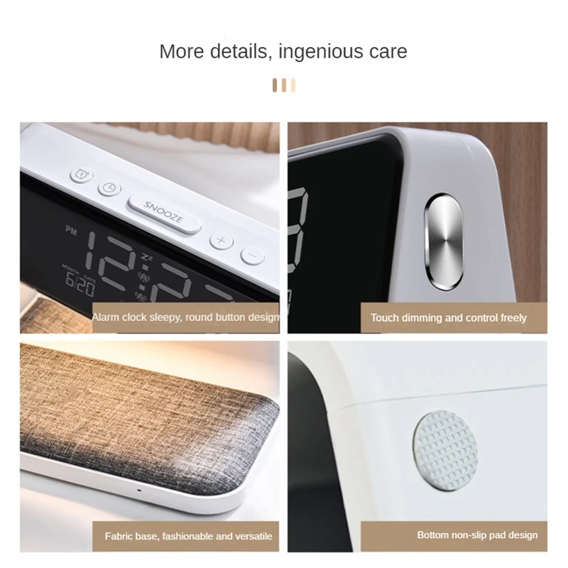 Reloj despertador con carga inalámbrica y luces, estación de carga de reloj despertador digital regulable para dormitorio, mesita de noche, oficina, duradera