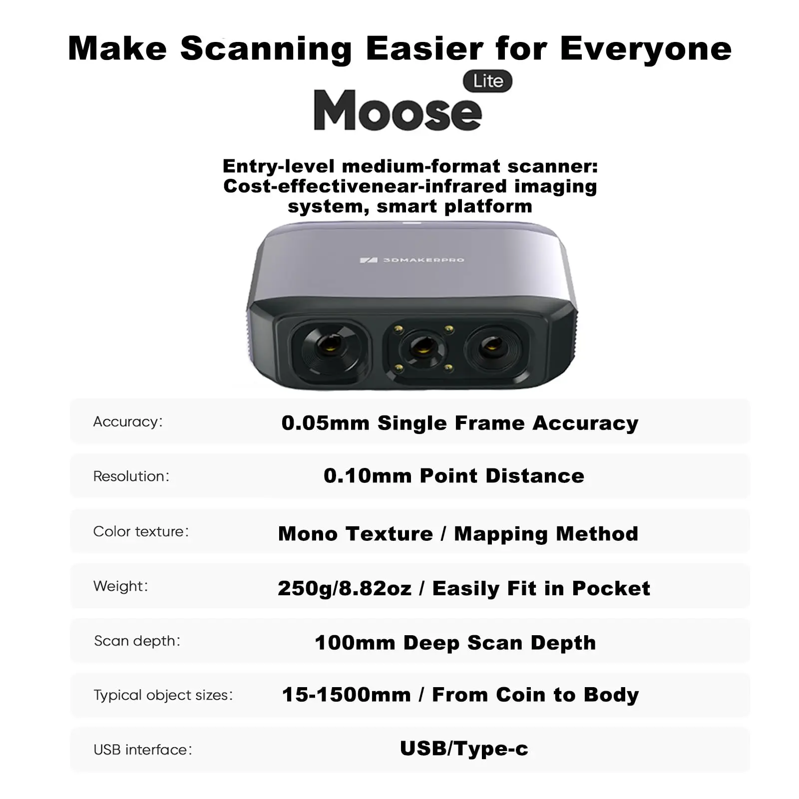 3D Scanner Moose Lite for 3D Printing - 3D Printer Accessories NIR Light & AI Visual Tracking Technology 0.05mm Accuracy