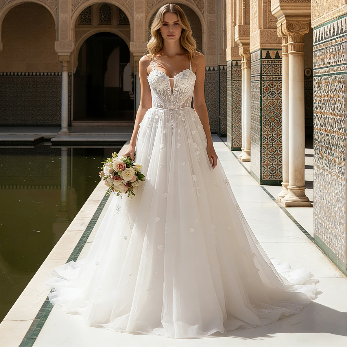 

Luxury Lace Appliques Wedding Dress For Women Long Tulle Bridal Gown For Bride A Line Spaghetti Straps Ball Gown Vestidos Novia