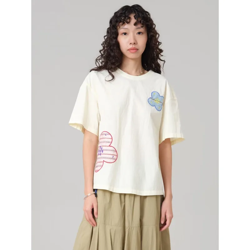 

MOVEUP Round Neck Short Sleeved T-Shirt 2026 Summer New Pure Cotton Patch Embroidered Drop Sleeves Commuter Women Top 3ELX20446