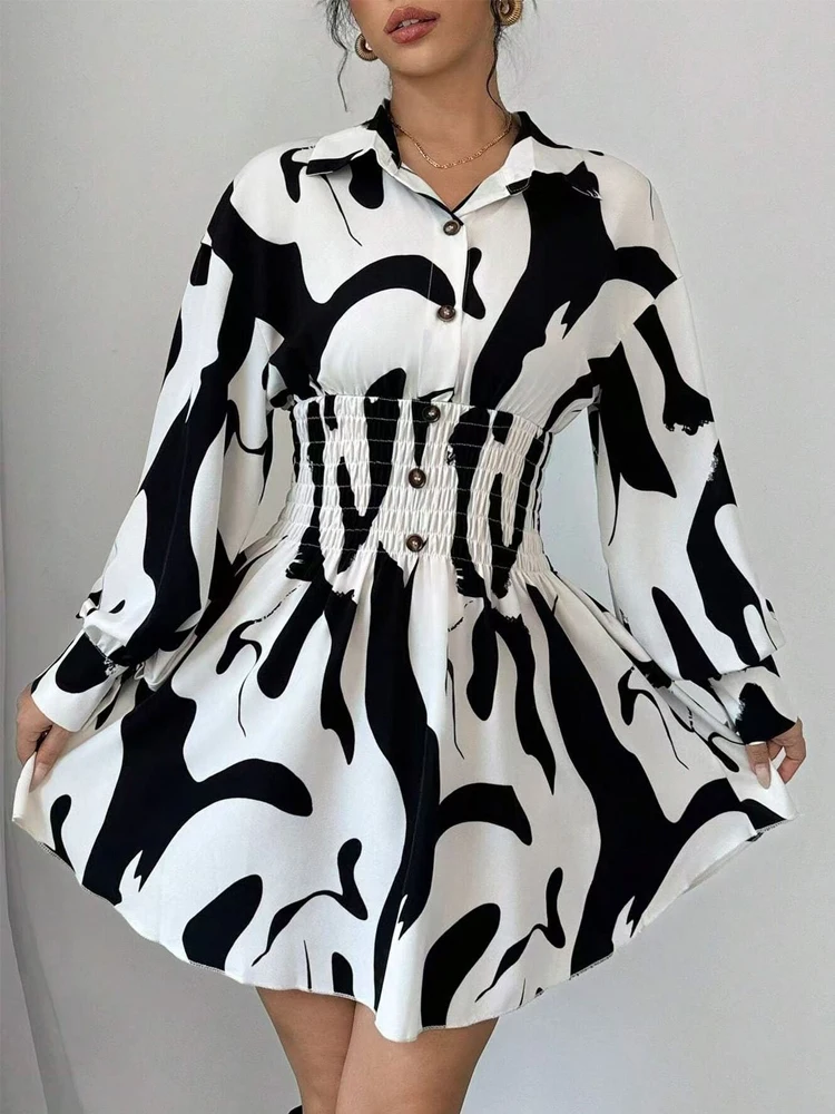 Zadily 2025 Spring Women's Ink Print Shirt Dress Smocked Waist Lantern Sleeve Elegant Casual Work Mini Dress