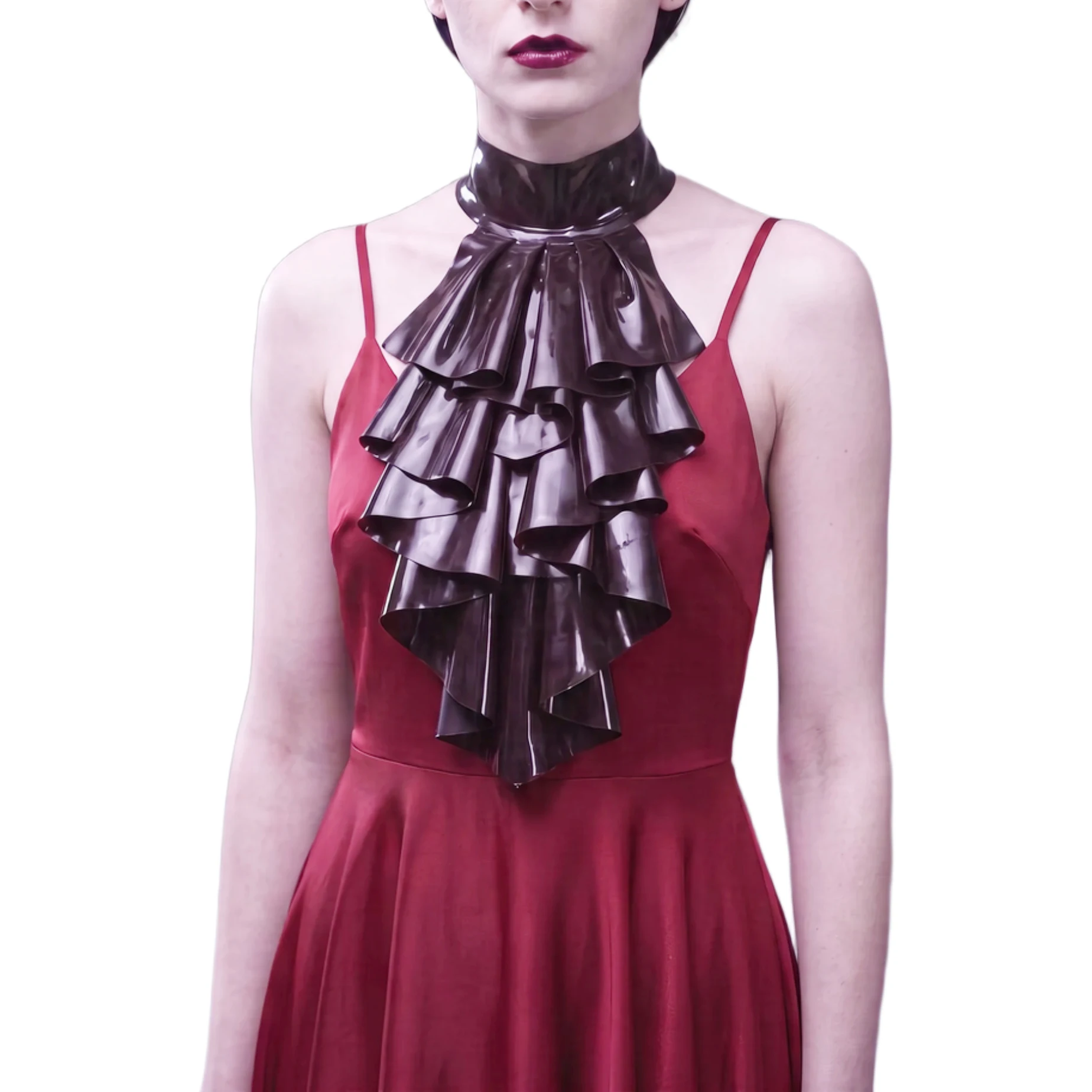 Black Sexy Latex Jabots With Frills Button At Back Ruffs Rubber Collar For Cosplay Length to Waist 0103