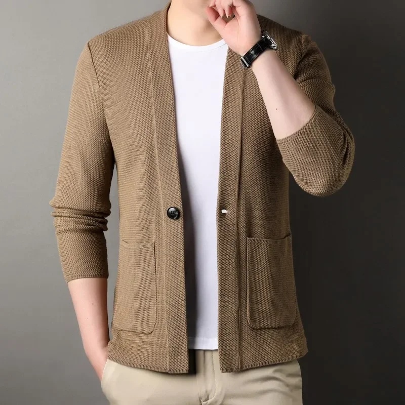 Camisola de cardigã simples masculina com bolso, outono e inverno, novo, 2024