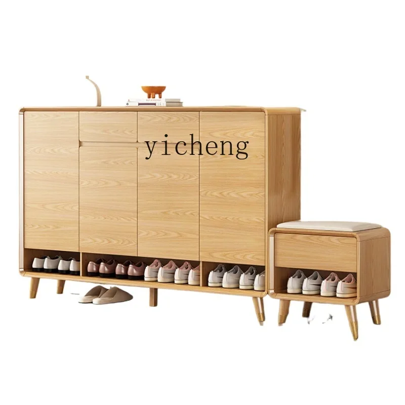 

zzZF Home Shoe Cabinet Household Log Wind Indoor Solid Wood Stool Integrated Entrance Cabinet