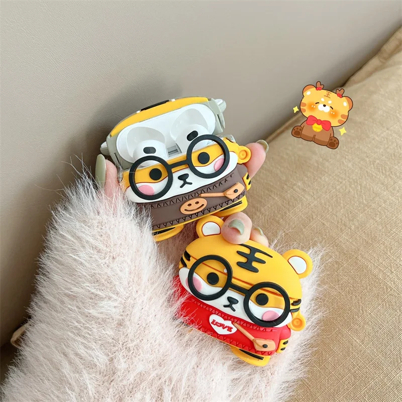 Desenhos animados Tiger Silicone Case para AirPods Pro, Headphone Cover, Caso bonito para Apple Air Pods Pro 2, 3, Earbuds Acessórios