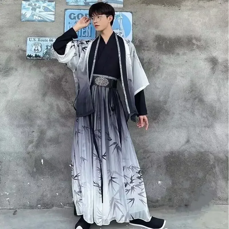 Costume Hanfu Cosplsy d'Halloween pour homme, imprimé prairie traditionnelle chinoise, bambou, gris et noir, grande taille, ensembles de 4 pièces, 3XL