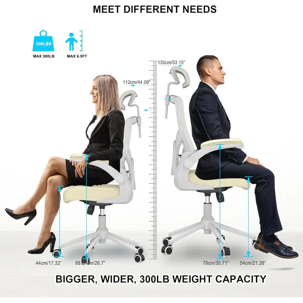 كرسي مكتب مريح عالي الظهر مع مسند رأس قابل للتعديل ودعم قطني وأذرع قابلة للطي (بيج حديث)