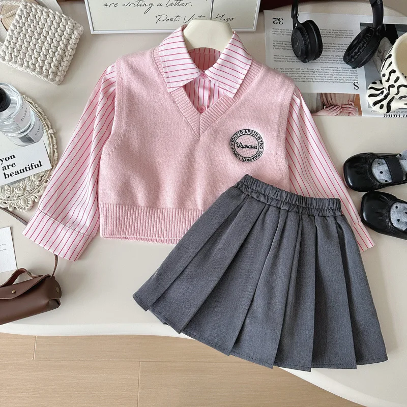 Girls' Spring and Autumn New Fashionable Pink Striped Shirt Sweater Vest Pleated Skirt College Style Three-Piece Set