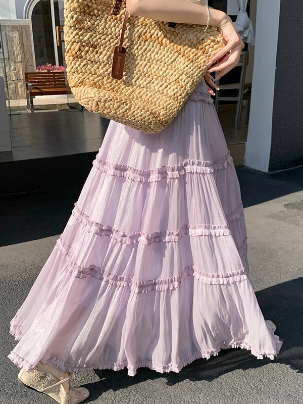 

White Shimmer Tulle Skirt with Wood Grain Cake Style Half-length Women's Spring High-waist A-line Maxi Skirt