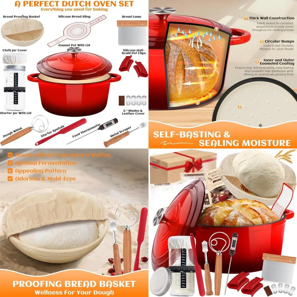 

5-Quart Enamel-Coated Cast Iron Dutch Oven with Lid, Sourdough Bread Baking Kit: Banneton, Starter Jar, Lame Knife, Oven-Safe to
