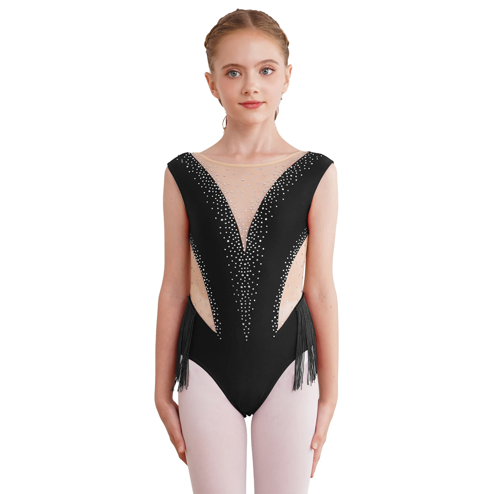 

Kids Girls Shiny Ballet Dance Tassel Dress Sleeveless Ice Skating Dress Sheer Mesh Fringe Leotards Bodysuit Performance Costume