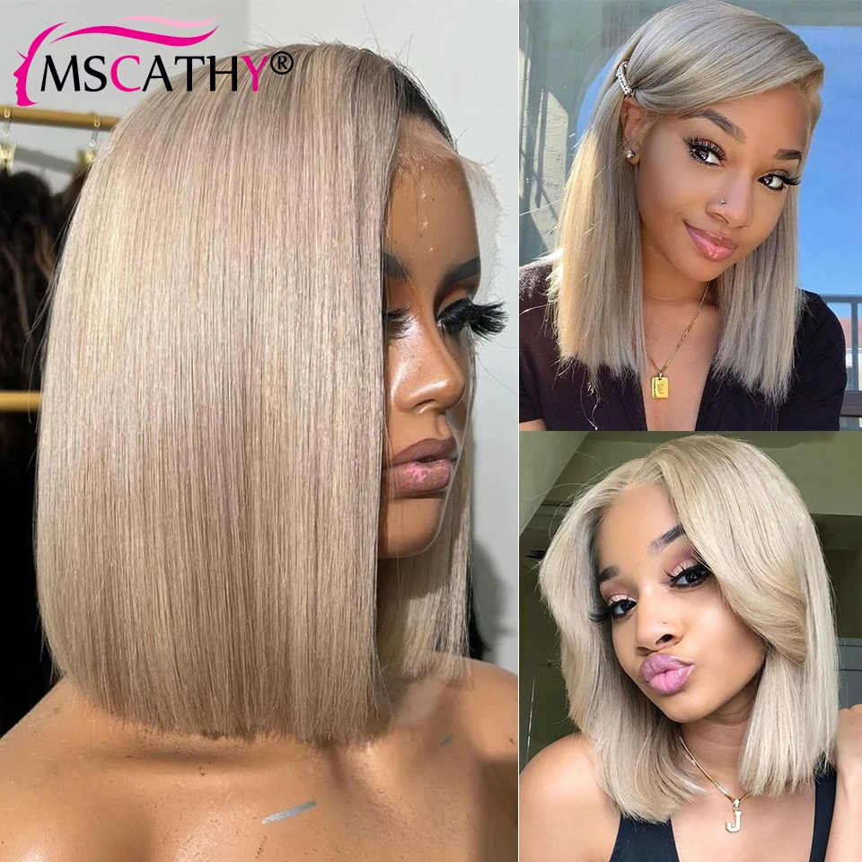 200% Ash Blonde Glueless Bob Brazylijskie peruki z ludzkich włosów dla kobiet Krótkie proste peruki 5x5 Bob Precut HD Transparent Lace Bob Wigs