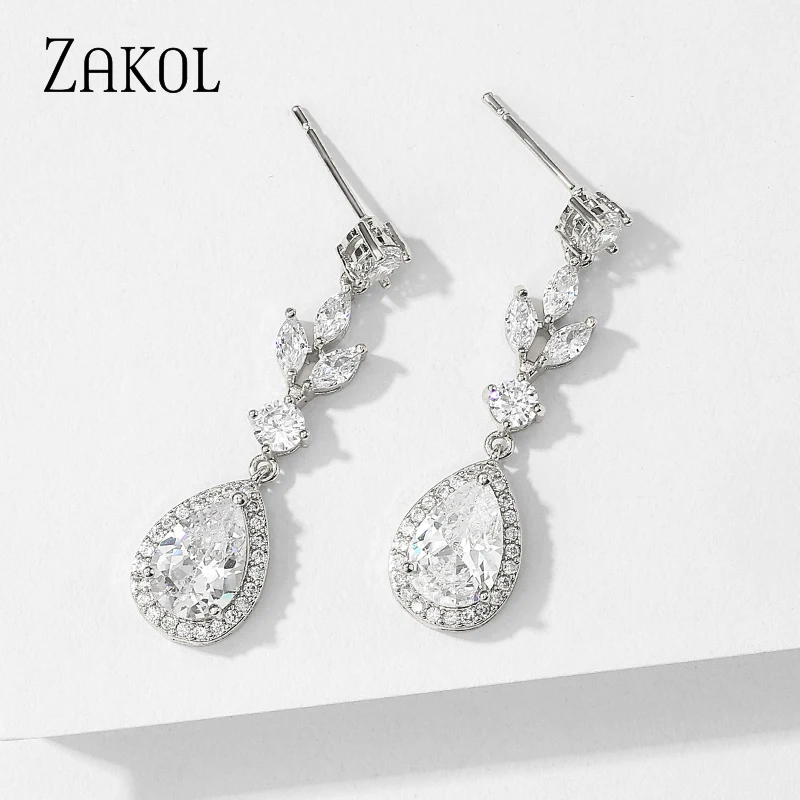 ZAKOL Fashion Leaf Bridal Earrings Water Drop Cubic Zircon Dangle Earrings For Women Wholesale EP2406