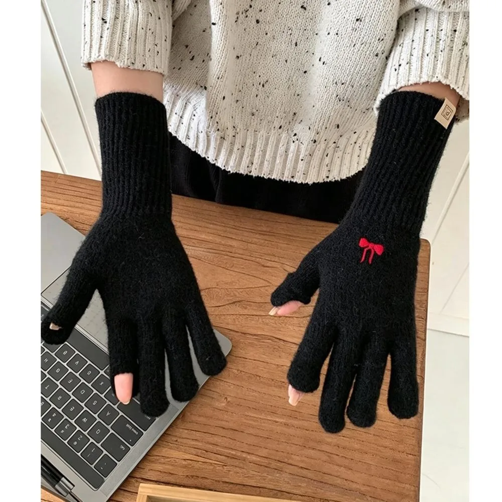 Stylish Bow Embroidery Knitted Full Finger Gloves One Tip Thick Touch Screen Gloves Winter Warm Gloves For Women