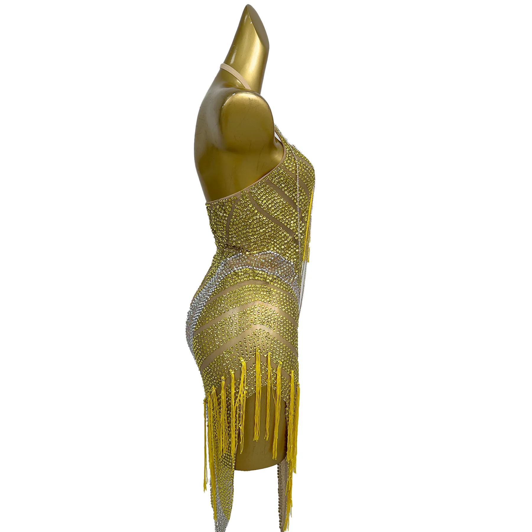 Qingning Luxus Frauen Latin Dance Kleid Glänzende Wasser Diamant Sexy Perspektive Mesh Hals Hängen Kleid Bar Homecoming Prom Kleider