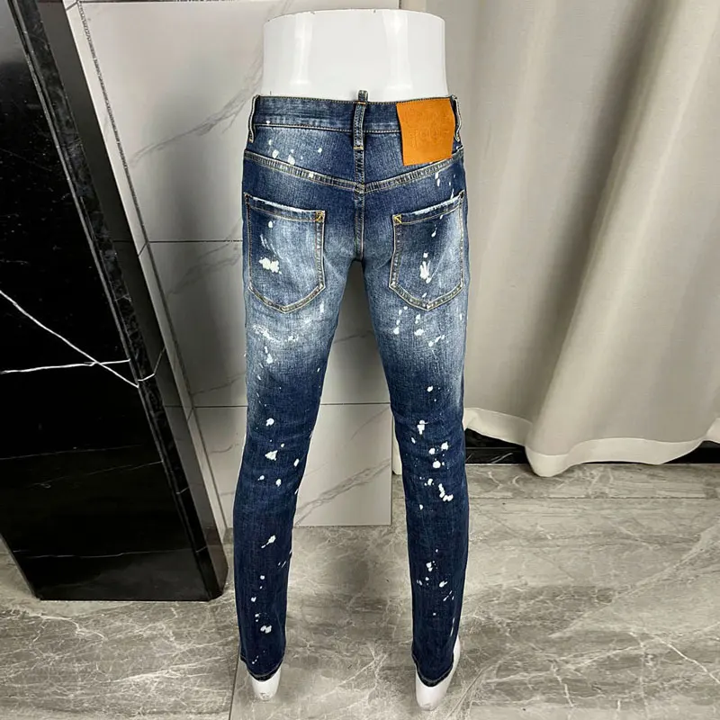 High Street Fashion Men Jeans Retro Blue Stretch Skinny Fit Painted Ripped Jeans Men Patched Designer Hip Hop Brand Denim Pants