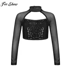 Teen Girls Hip Hop Jazz Street Dance Top Long Sleeve Shiny Sequin Mesh Crop T-shirt Yoga Sportswear Skating Gymnastics Dancewear