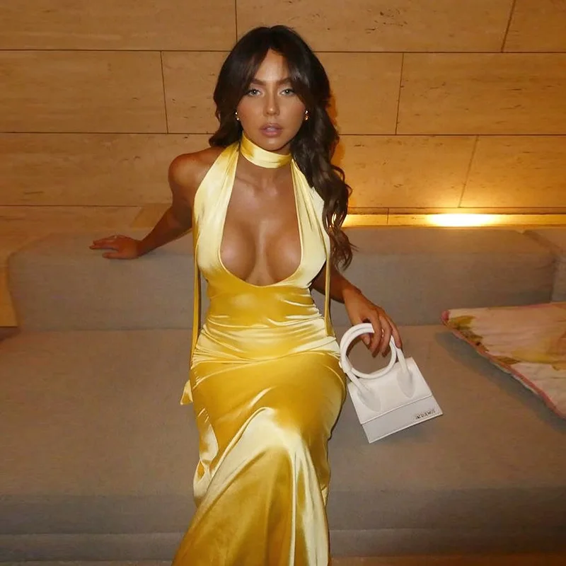 

Autumn New Socialite Style Sexy Slim Fit Deep V-Neck Strap Satin Dress