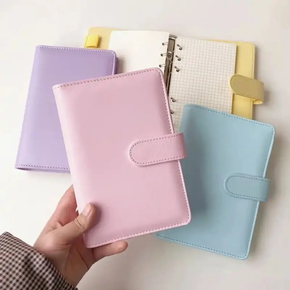 PU Leather A5/A6 Binder Notebook Cover Macaroon Color 6 Ring Binder Loose Leaf Notebook Cover with Pen Loop with Card Slots