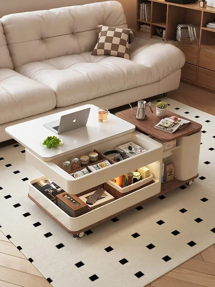 Antique Style Portable Multi-Function Lifting Stone Plate Coffee Table Desk Dual-Use Living Room Light Luxury with Wheels