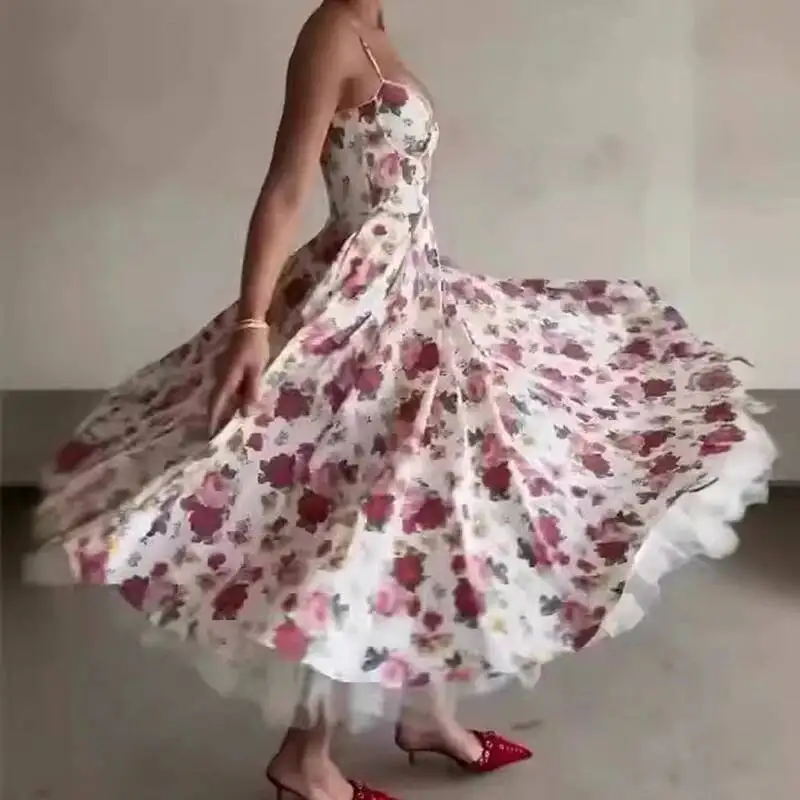 Elegante Off Schulter Dame Hosenträger Sommer Sexy Ärmellose Taille Puffy Lange Fashion Floral Print EINE Linie Party Kleid