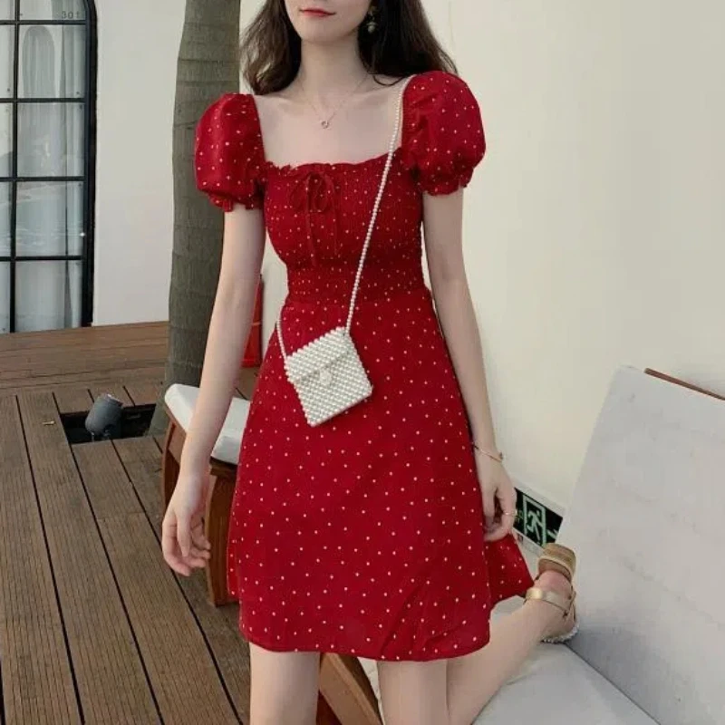 2024 Summer French Chinese Bellflower Square Neck Vintage Women Corset Red Polka Dot Puff Sleeve Chiffon Comfortable Dress