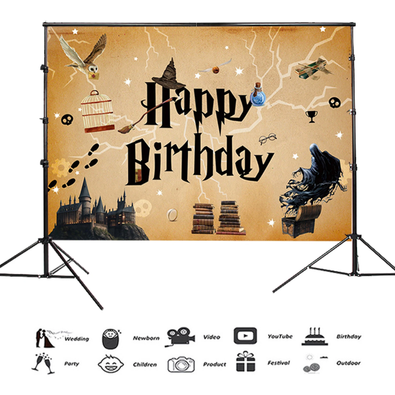 Photography Background Happy Birthday Party Decorative Banner Magic Wizard Castle Branch Hat Cake Table Hanging Cloth Vinyl