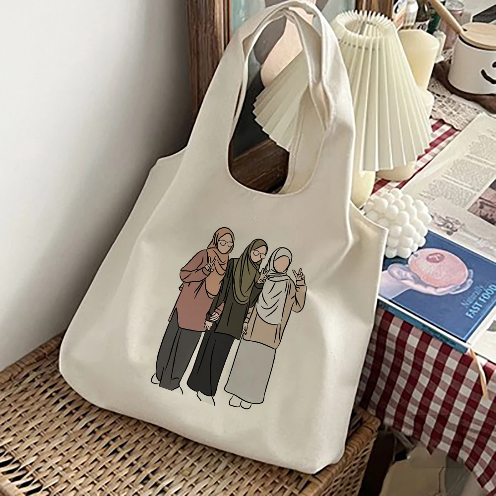 Hijabi Girl Printed Shoulder Bag Muslim Girls Canvas Tote Best Friend Harajuku Handbag Women Shopping Bags Eid Gifts for Friends