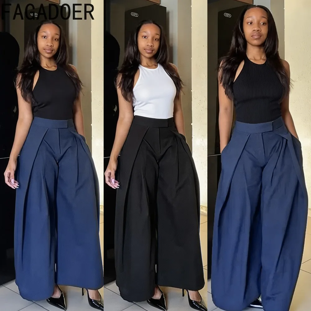 FAGADOER Casual Pleated Wide-leg Pants Chic Solid Color Loose-fitting Long Pants Office Lady Elegant Commute Draping Trousers