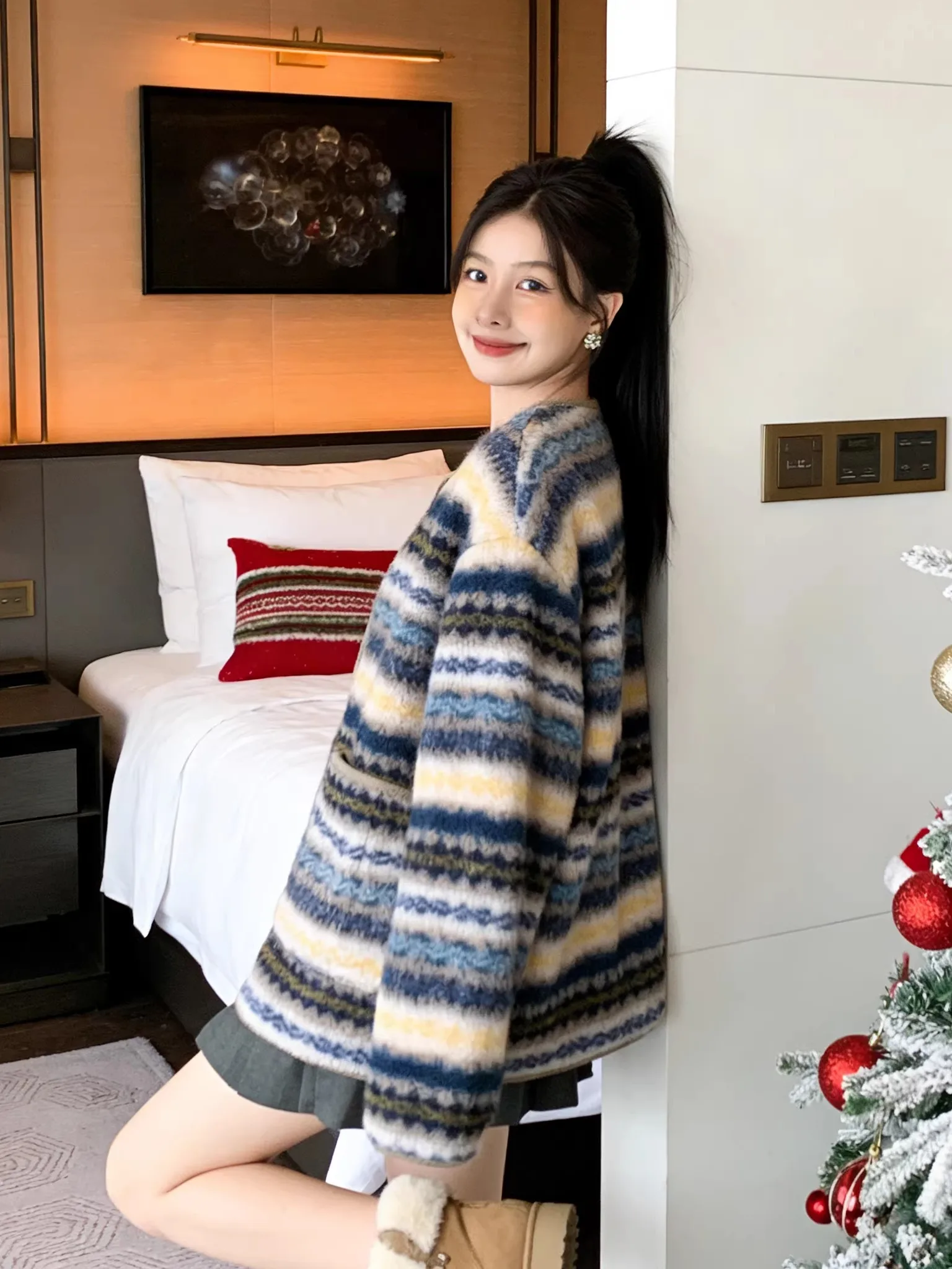 

Retro Striped Fair Isle Color Blo Lamb Fur Korean Sle Jaet Winter Thi Warm Cotton Coat Loose Fit Ladies Outerwear
