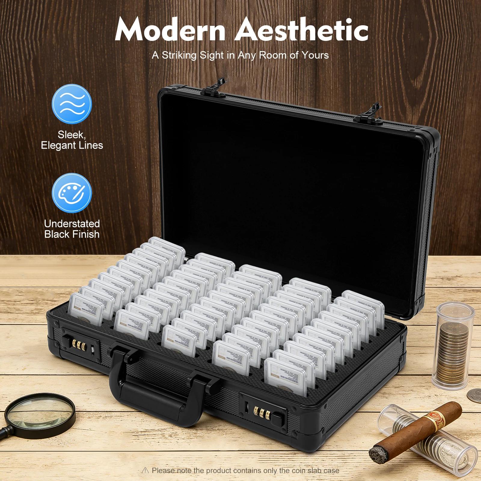 50 Slots Aluminum Coin Slab Storage Case with Carrying Handle, Modern Collector Coin Holder, Hard Shell Coin Display & Protective Case